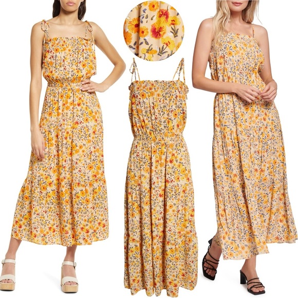 Lost + Wander Orange Yellow Floral Maxi Dress Boho Cottagecore Smocked Tiered L - Picture 1 of 12
